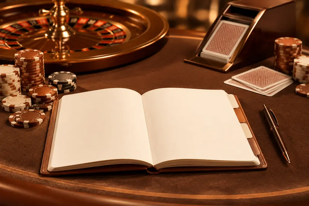 Buku catatan dan penanda halaman di meja kasino