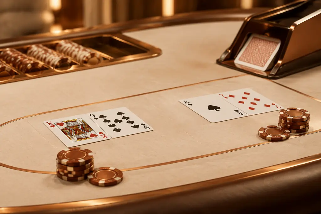 Kartu baccarat dan tumpukan cip di meja kasino