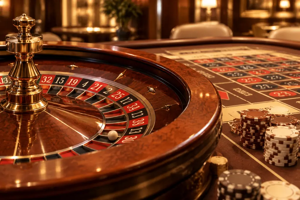Roda roulette dan bidang nomor pada meja