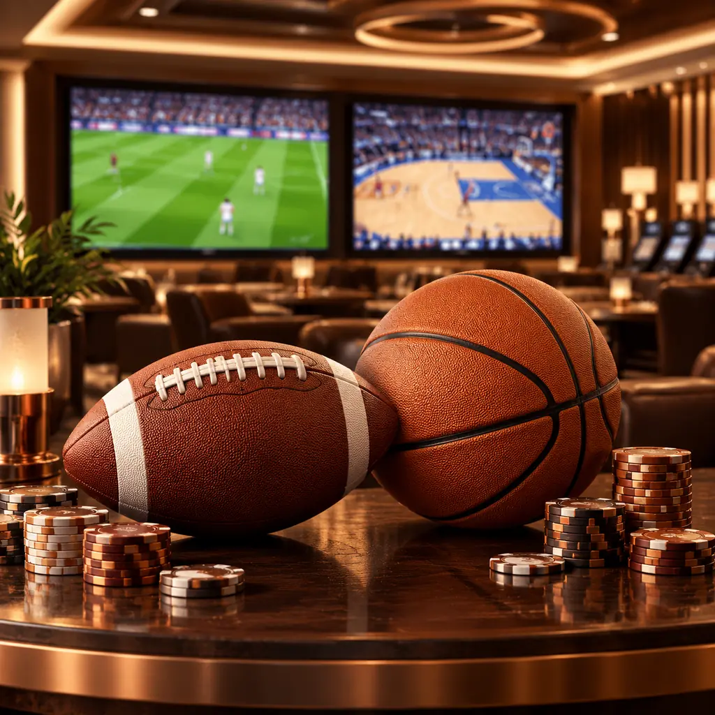 Bola sepak dan basket di depan layar pertandingan pada area kasino